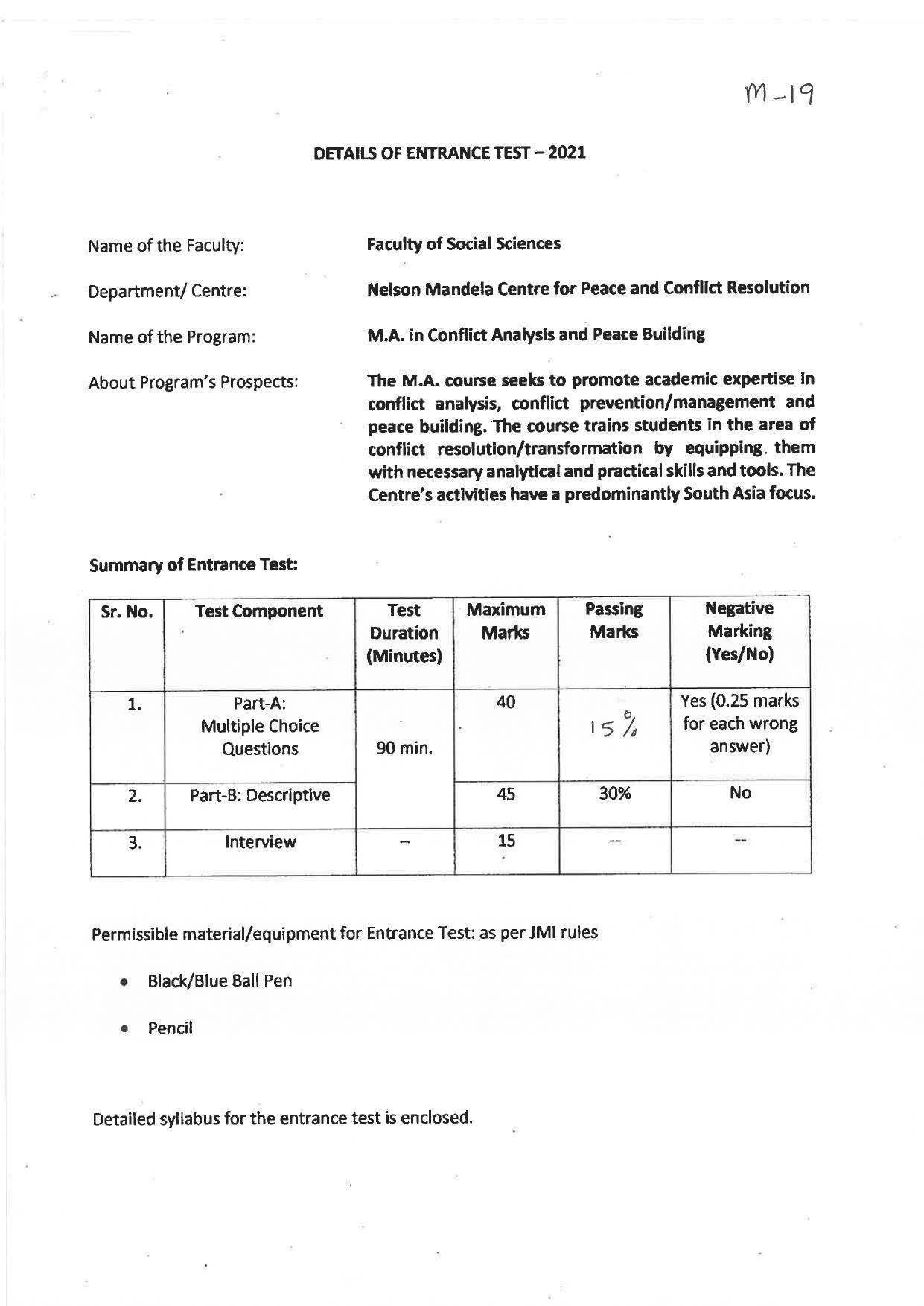 JMI Entrance Exam M19-M.A. (Conflict Analysis & Peacebuilding) Syllabus - Page 1