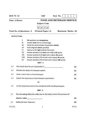 Goa Board Class 12 Food & Beverage Service  2019 (Services June) Question Paper
