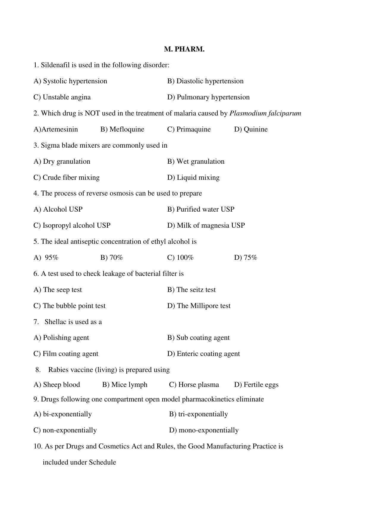 OJEE 2015 M. PHARMACY Question Paper - Page 1