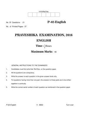 RBSE 2016 English Praveshika Question Paper