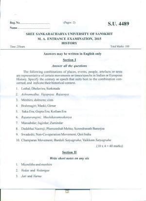 SSUS Entrance Exam M.A. HISTORY 2015 Question Paper