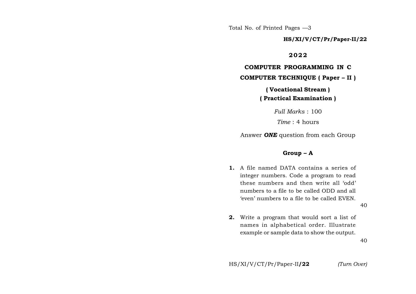 Meghalaya Board (MBOSE) Class 11 Computer Technique Paper II Vocational Stream (practical) 2022 Question Paper - Page 1