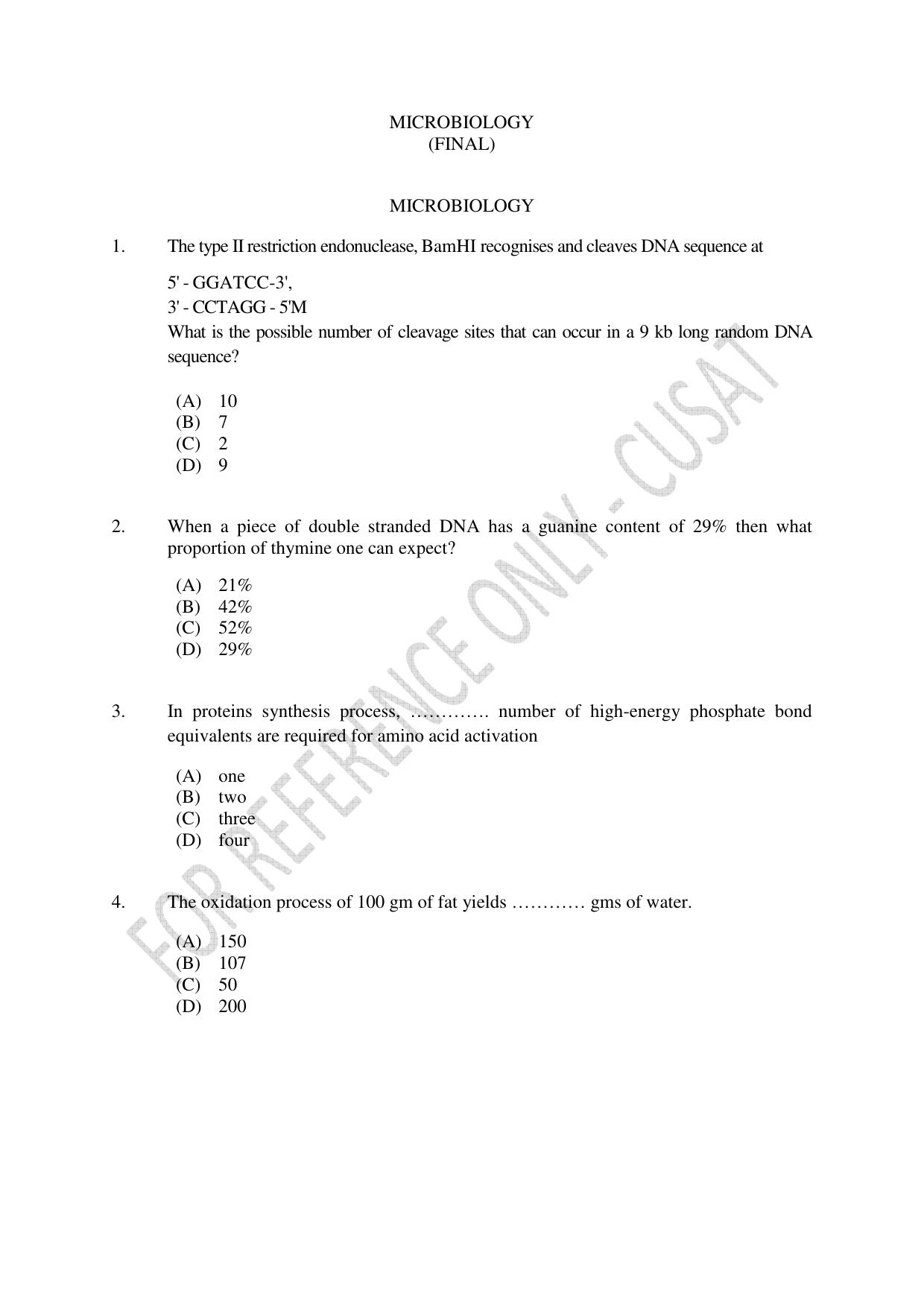 CUSAT CAT 2023 Microbiology Final Question Paper - Page 1