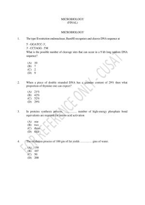 CUSAT CAT 2023 Microbiology Final Question Paper