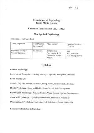 JMI Entrance Exam M15-MA (Applied Psychology) Syllabus