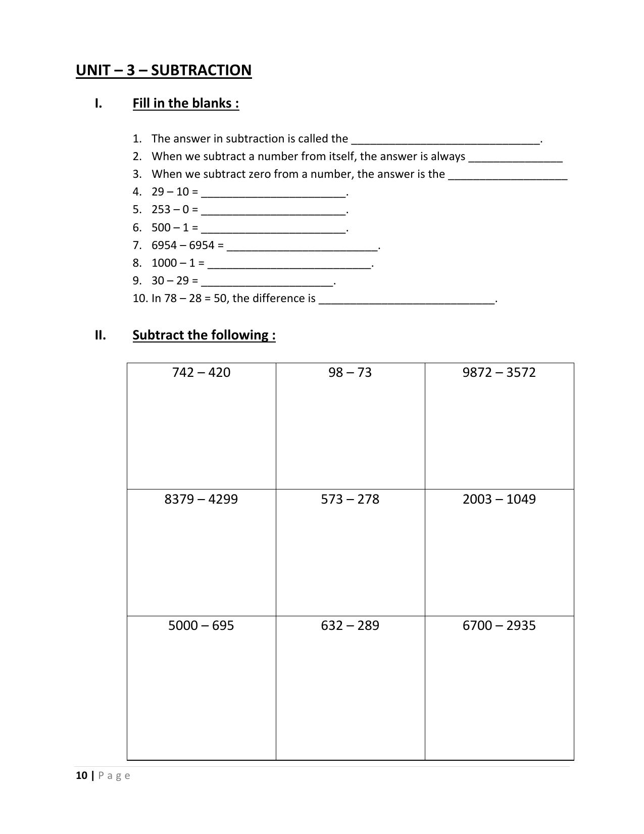 Worksheet for Class 3 Mathematics Subtraction Assignment IV - Page 1