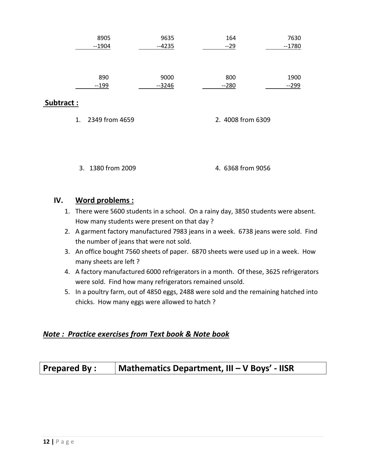 Worksheet for Class 3 Mathematics Subtraction Assignment IV - Page 3
