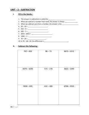 Worksheet for Class 3 Mathematics Subtraction Assignment IV