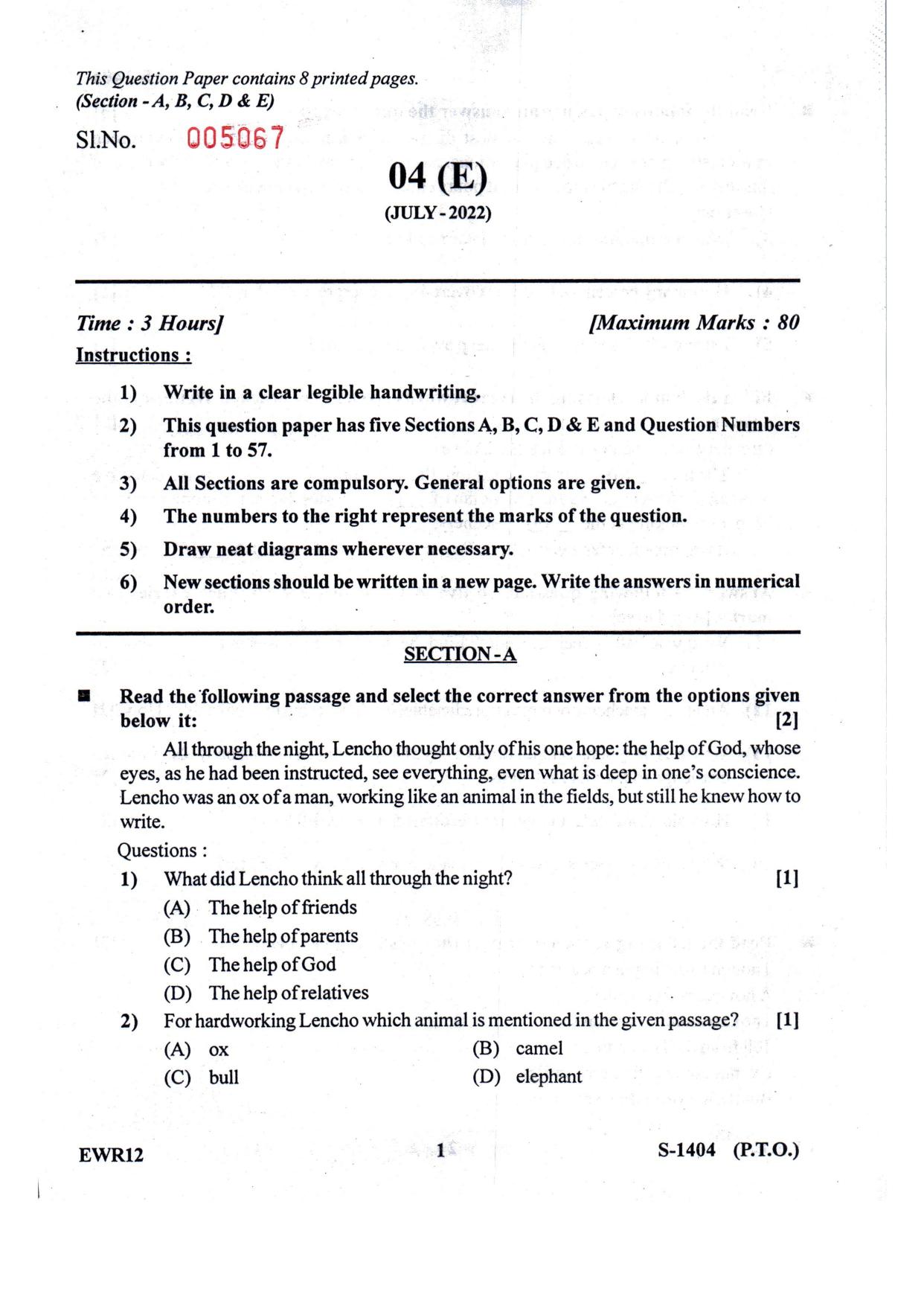Gujarat Board Class 10th English F.L. March-April 2022 Question Paper - Page 1