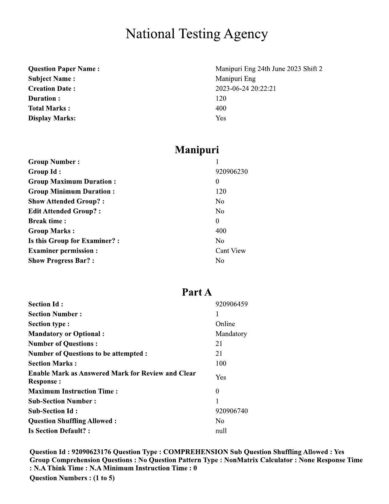 CUET PG 2023: LAQP24 – Manipuri Eng - Shift 2 (24-06-2023) Question Paper - Page 1