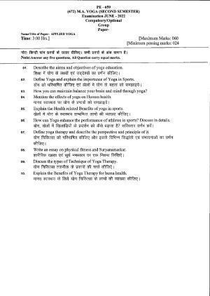 Bilaspur University Question Paper June 2022:M.A. YOGA  (Second Semester) Applied Yoga Paper 1