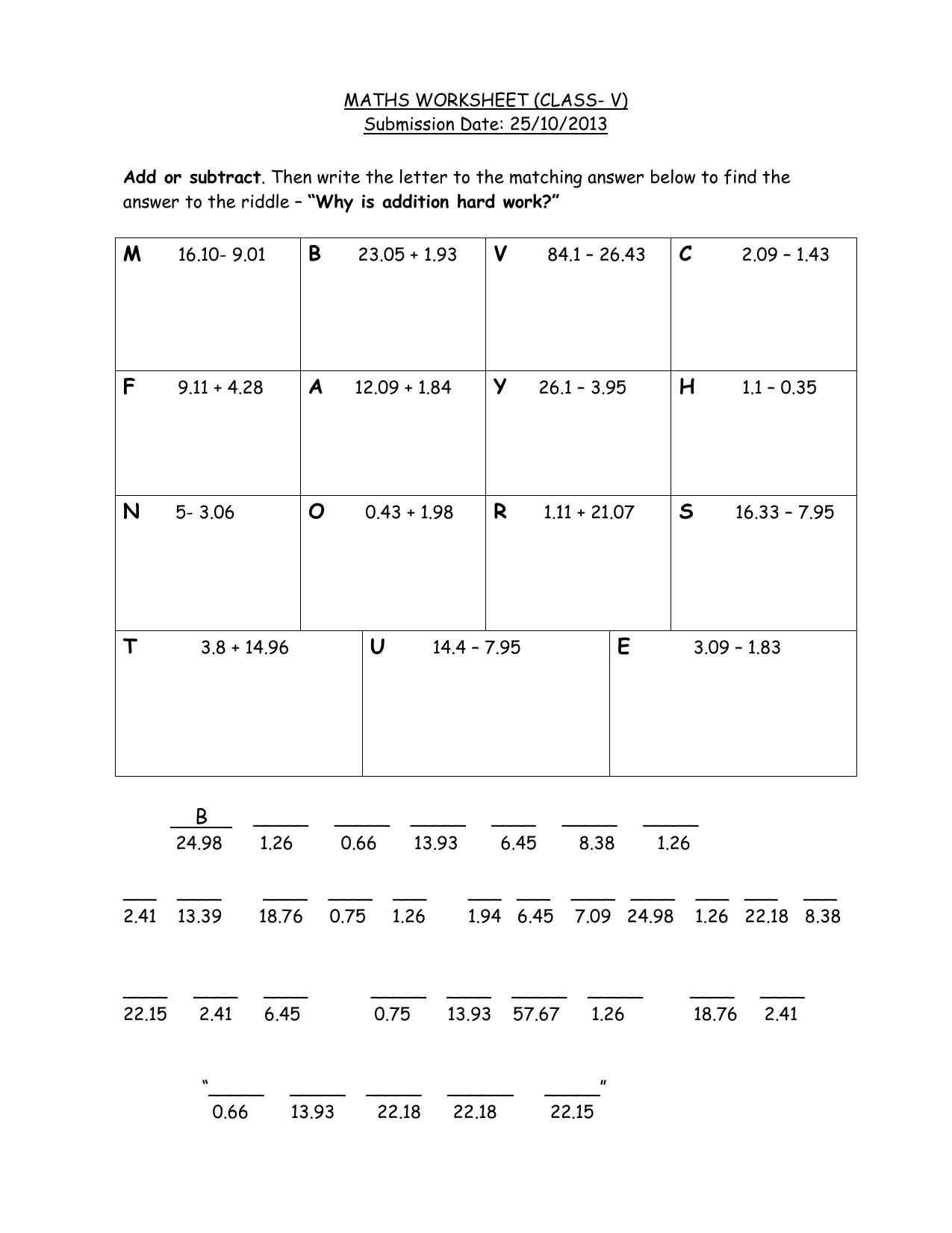 Worksheet for Class 5 Maths Add or subtract Assignment - Page 1