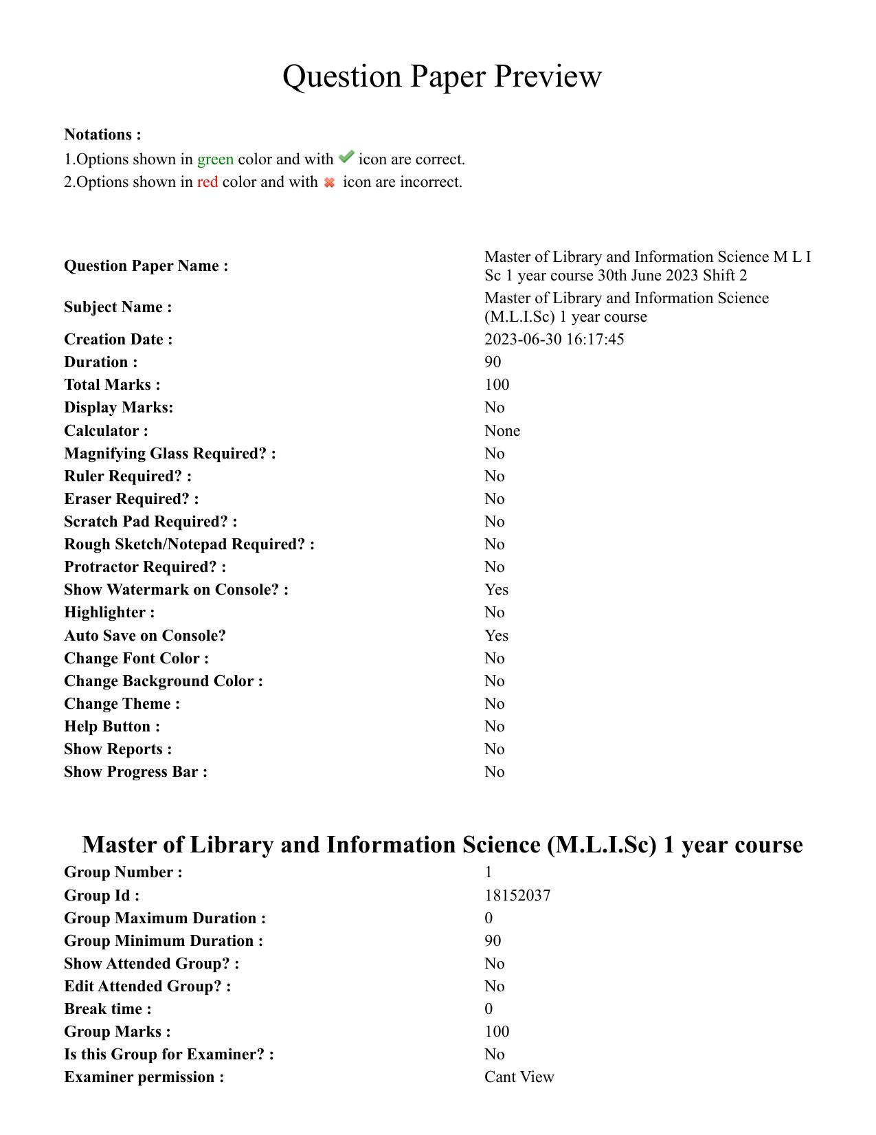 TS CPGET 2023 Master of Library and Information Science  (M.L.I.Sc) 1 year course (Shift 1) Question Paper with Answer Key - Page 1