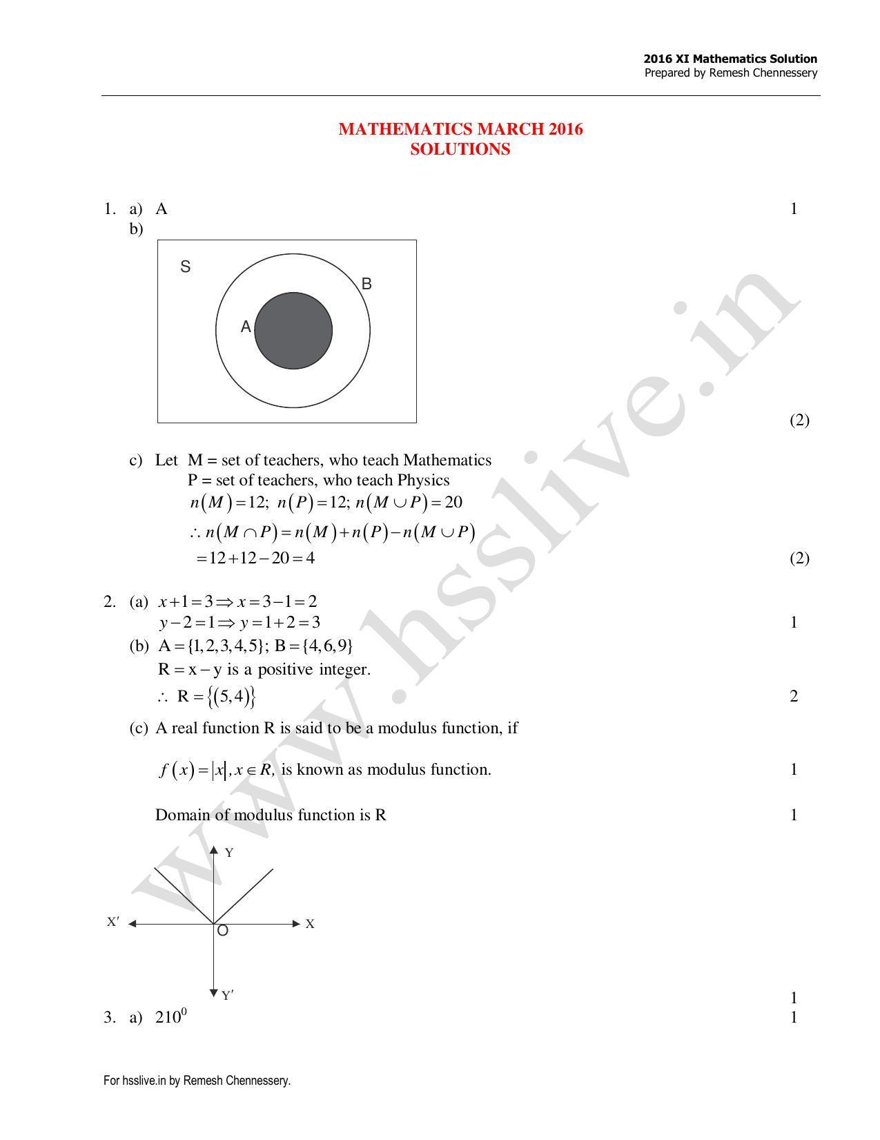 Kerala Plus One 2016 Maths Answer Key - Page 1