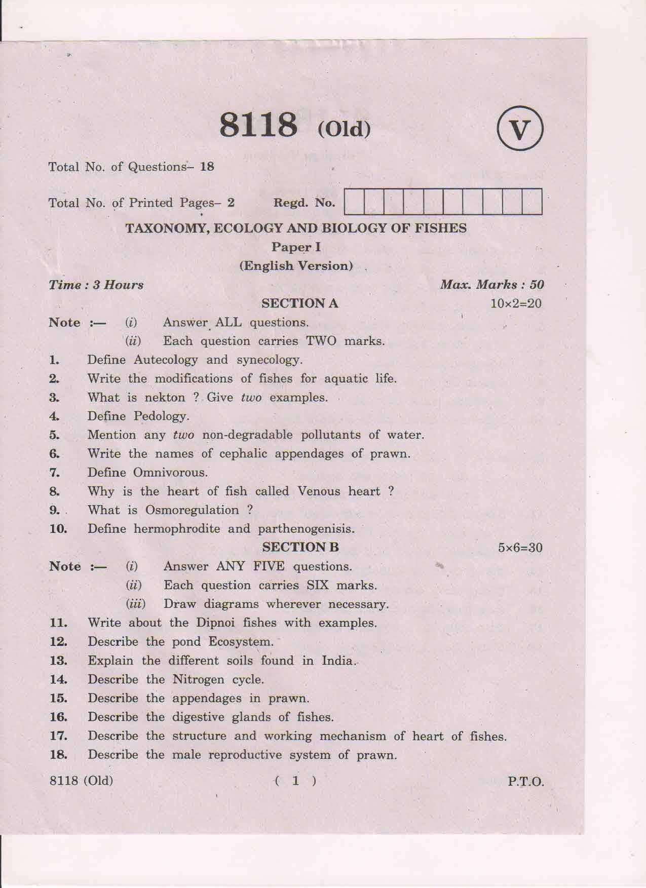 AP Inter 1st Year Taxonomy,Ecology and Biology of Fishes-I (Old) March-2019-Vocational Question Paper - Page 1