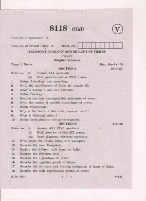 AP Inter 1st Year Taxonomy,Ecology and Biology of Fishes-I (Old) March-2019-Vocational Question Paper