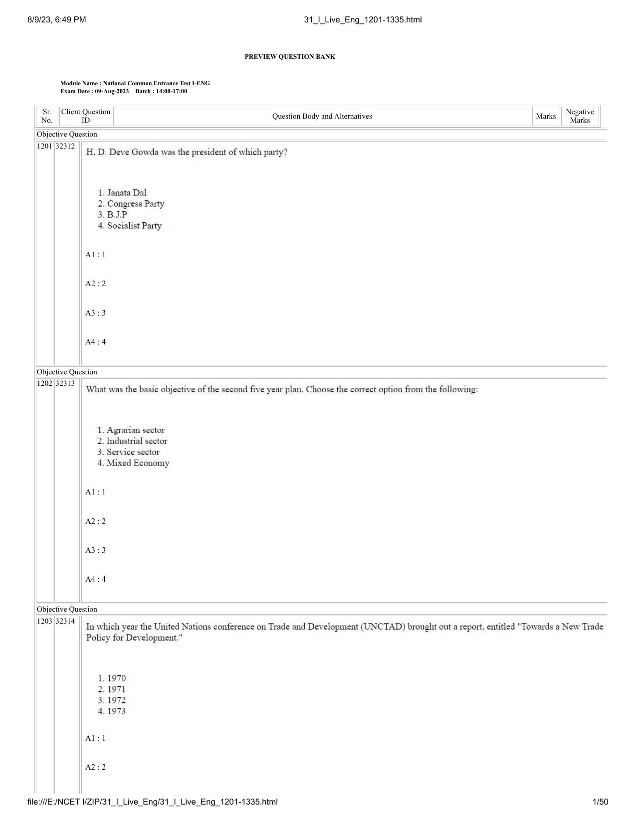 NCET 2023 Question Paper (English Q 1201-1335) - Page 1