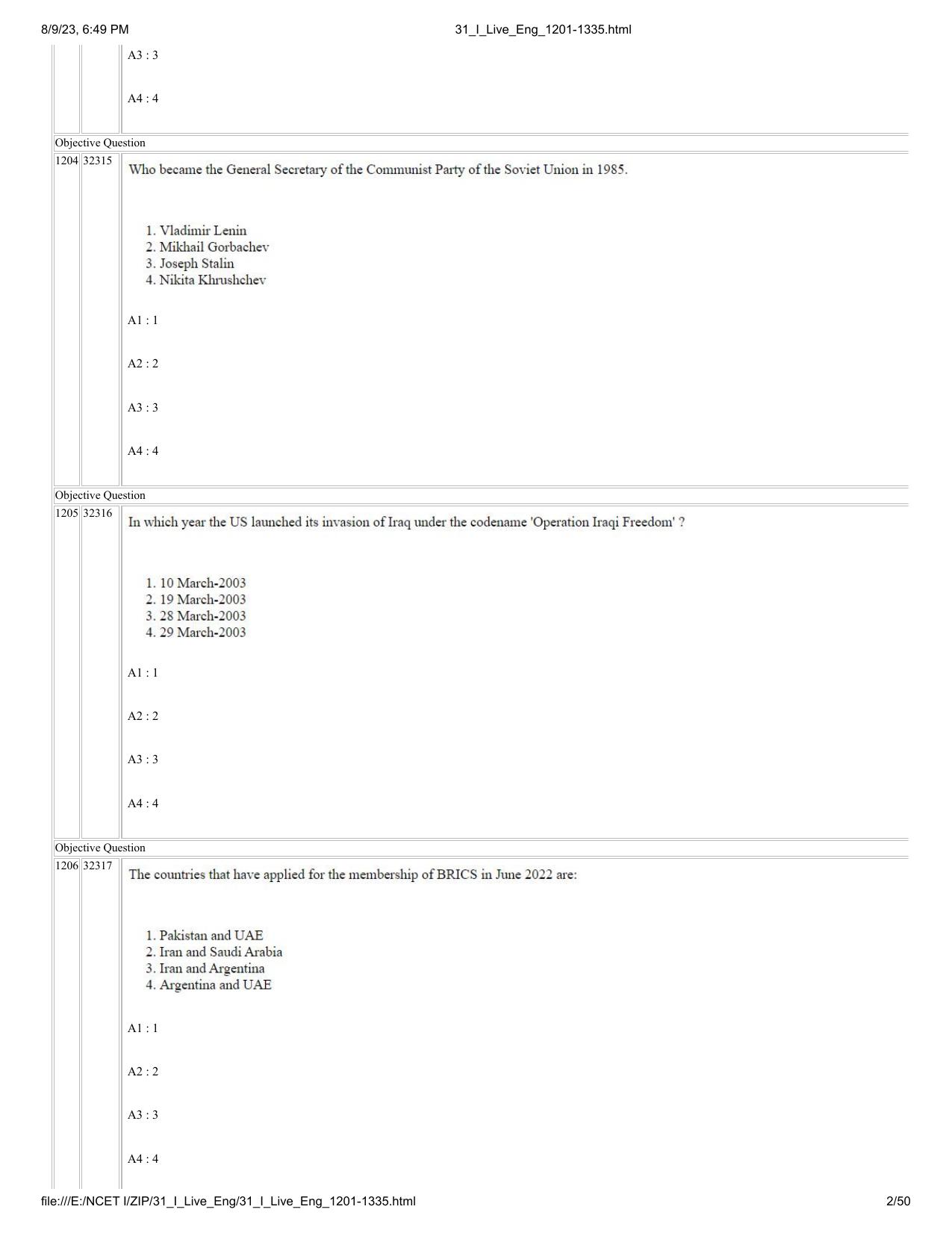 NCET 2023 Question Paper (English Q 1201-1335) - Page 2