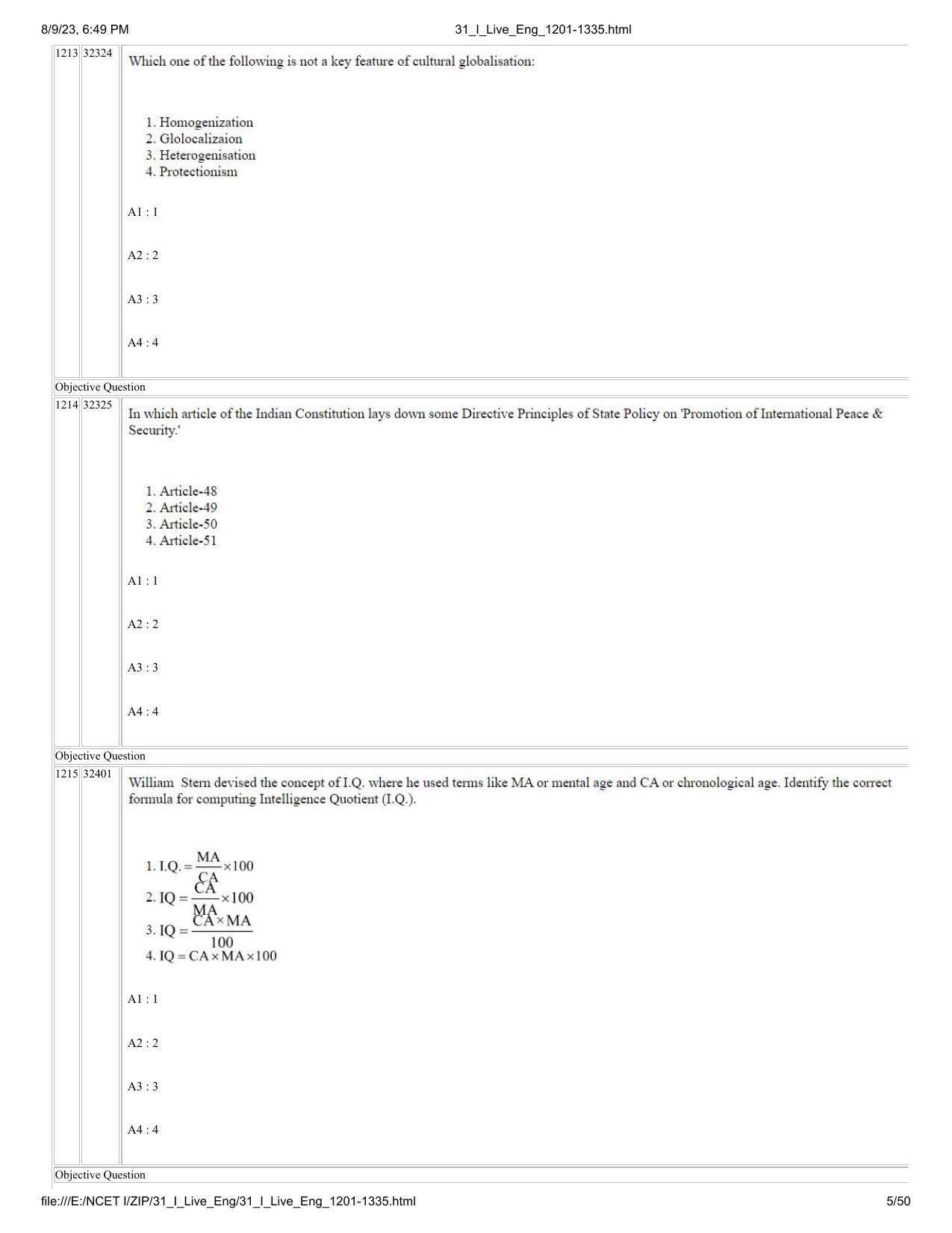 NCET 2023 Question Paper (English Q 1201-1335) - Page 5