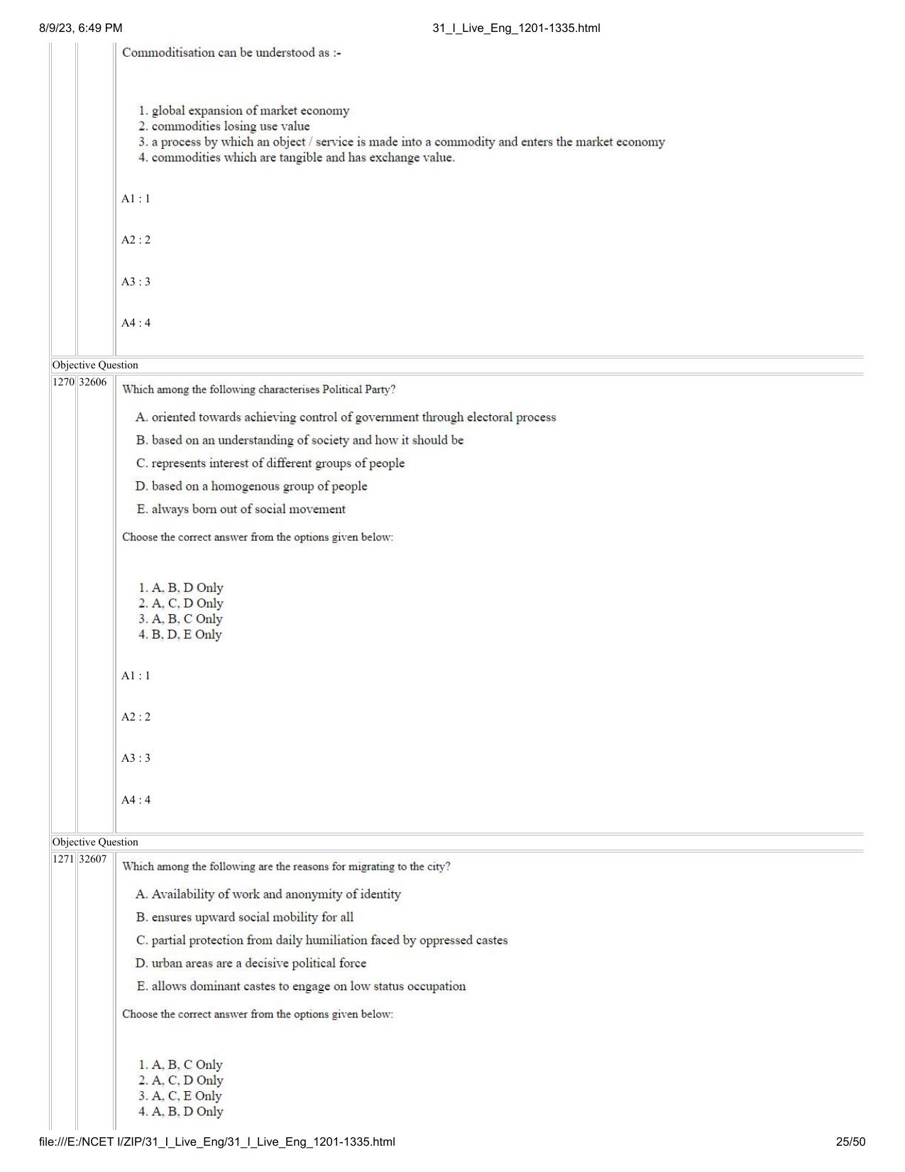 NCET 2023 Question Paper (English Q 1201-1335) - Page 25