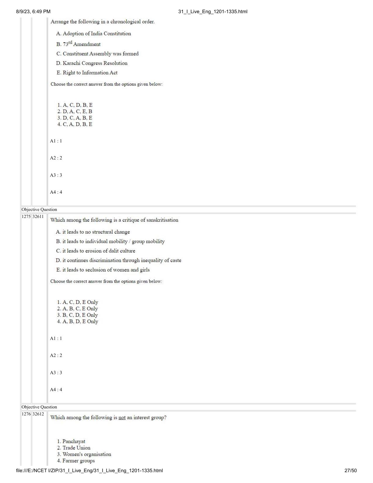 NCET 2023 Question Paper (English Q 1201-1335) - Page 27