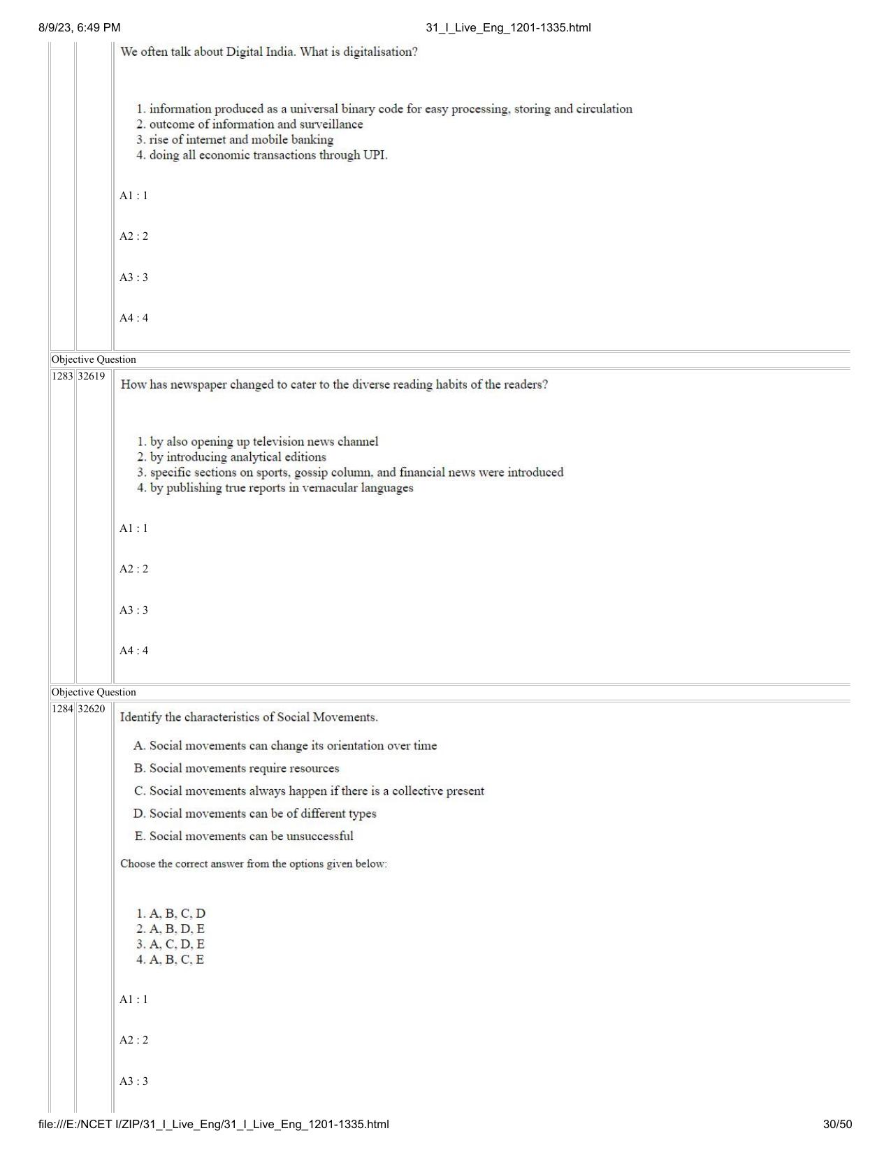 NCET 2023 Question Paper (English Q 1201-1335) - Page 30