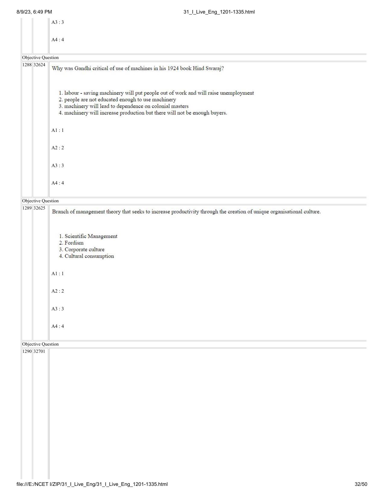 NCET 2023 Question Paper (English Q 1201-1335) - Page 32