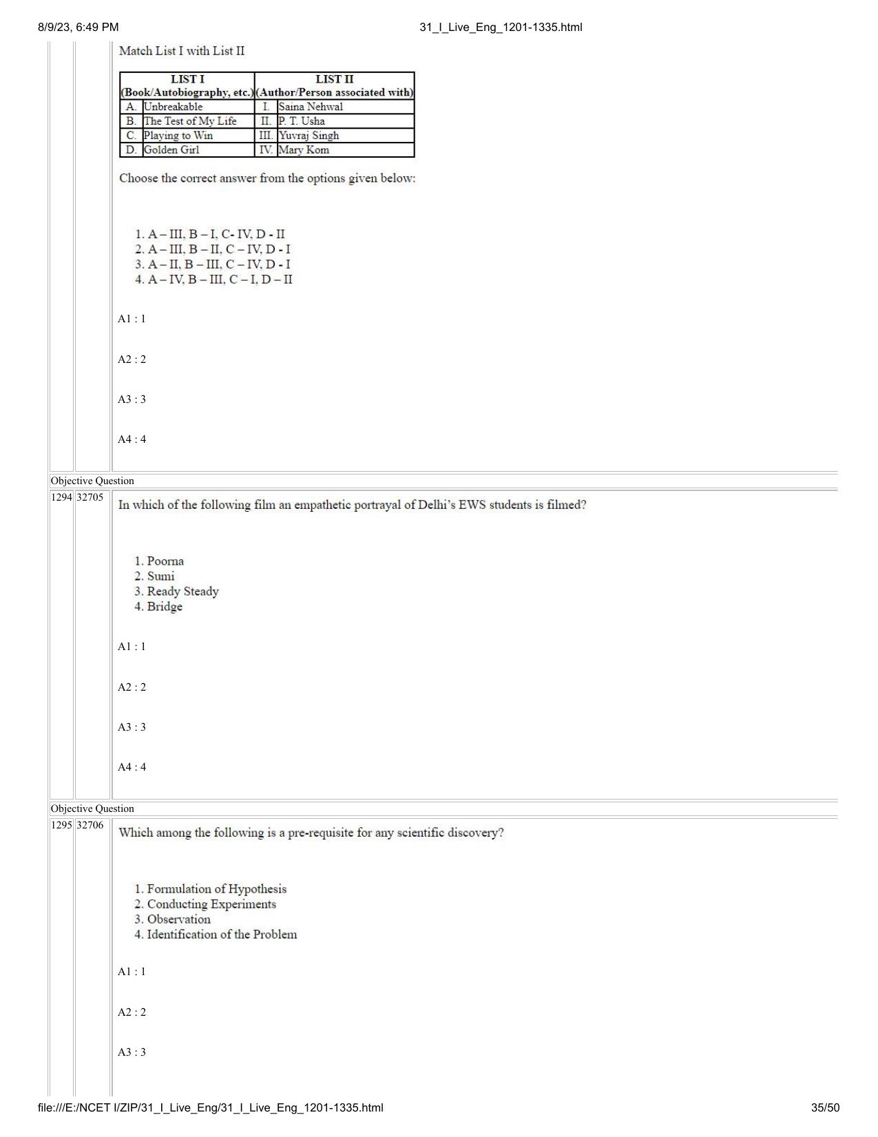 NCET 2023 Question Paper (English Q 1201-1335) - Page 35