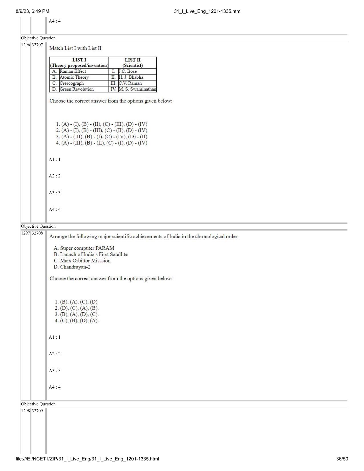 NCET 2023 Question Paper (English Q 1201-1335) - Page 36