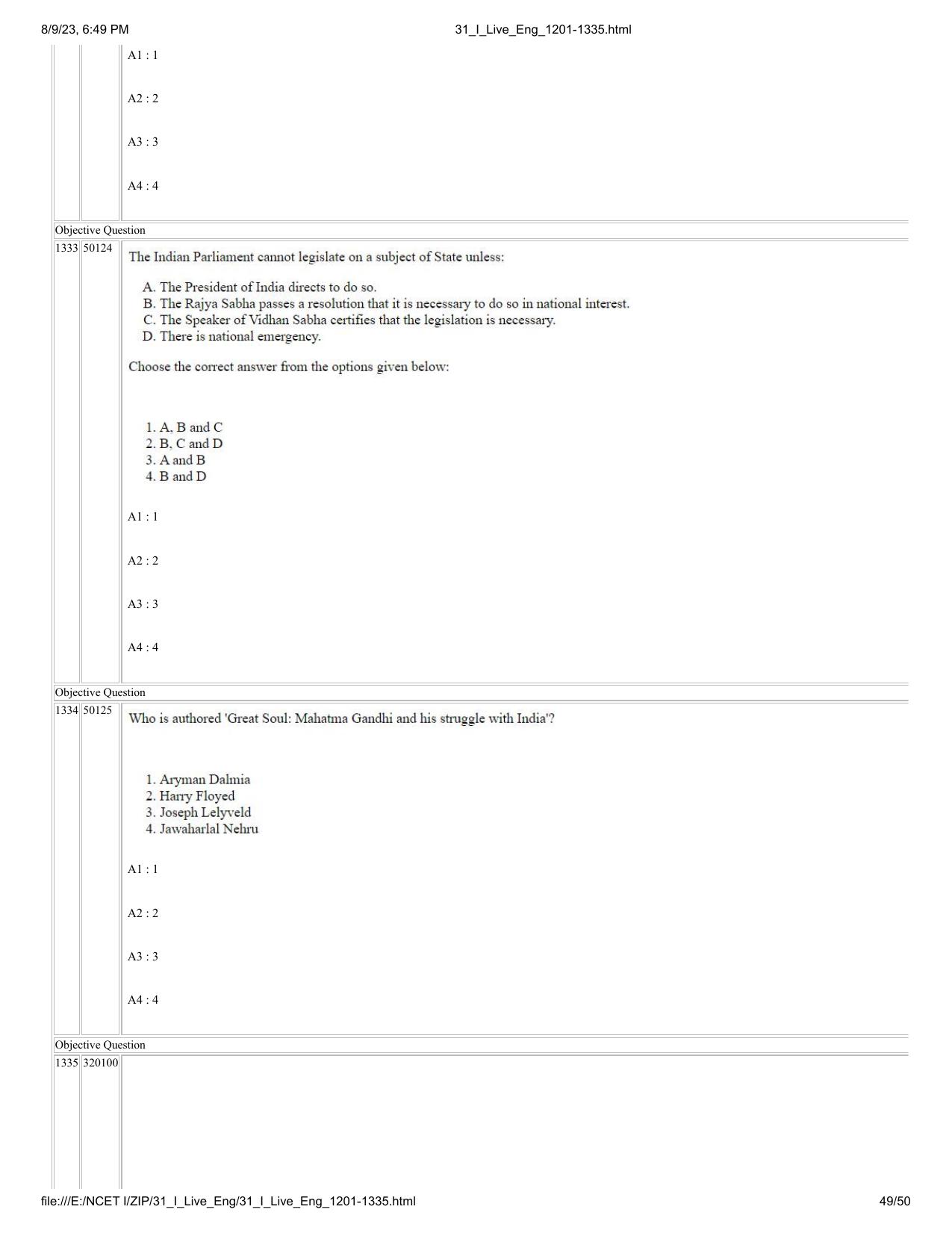 NCET 2023 Question Paper (English Q 1201-1335) - Page 49