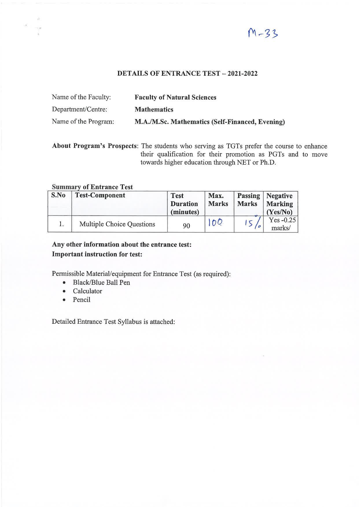 JMI Entrance Exam M33-M.A./M.Sc. (Mathematics) (Self-Financed) M34-MA/MSc (Geography) M35-M.A./M.Sc. (Development Extension) Syllabus - Page 1