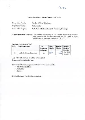 JMI Entrance Exam M33-M.A./M.Sc. (Mathematics) (Self-Financed) M34-MA/MSc (Geography) M35-M.A./M.Sc. (Development Extension) Syllabus