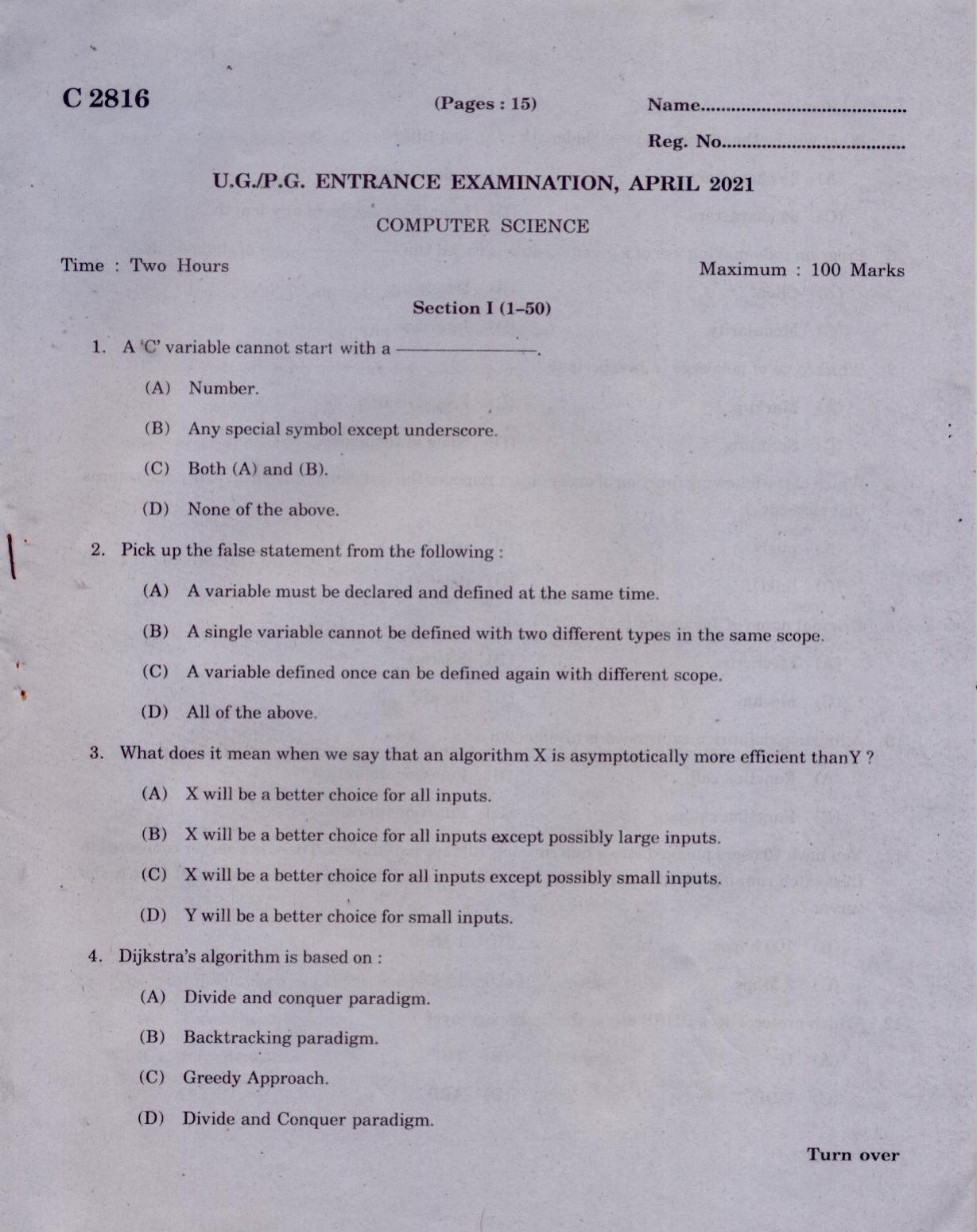 CUCAT 2021 M.Sc.Computer Science Question Paper - Page 1