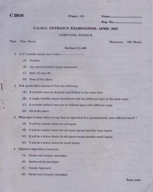 CUCAT 2021 M.Sc.Computer Science Question Paper