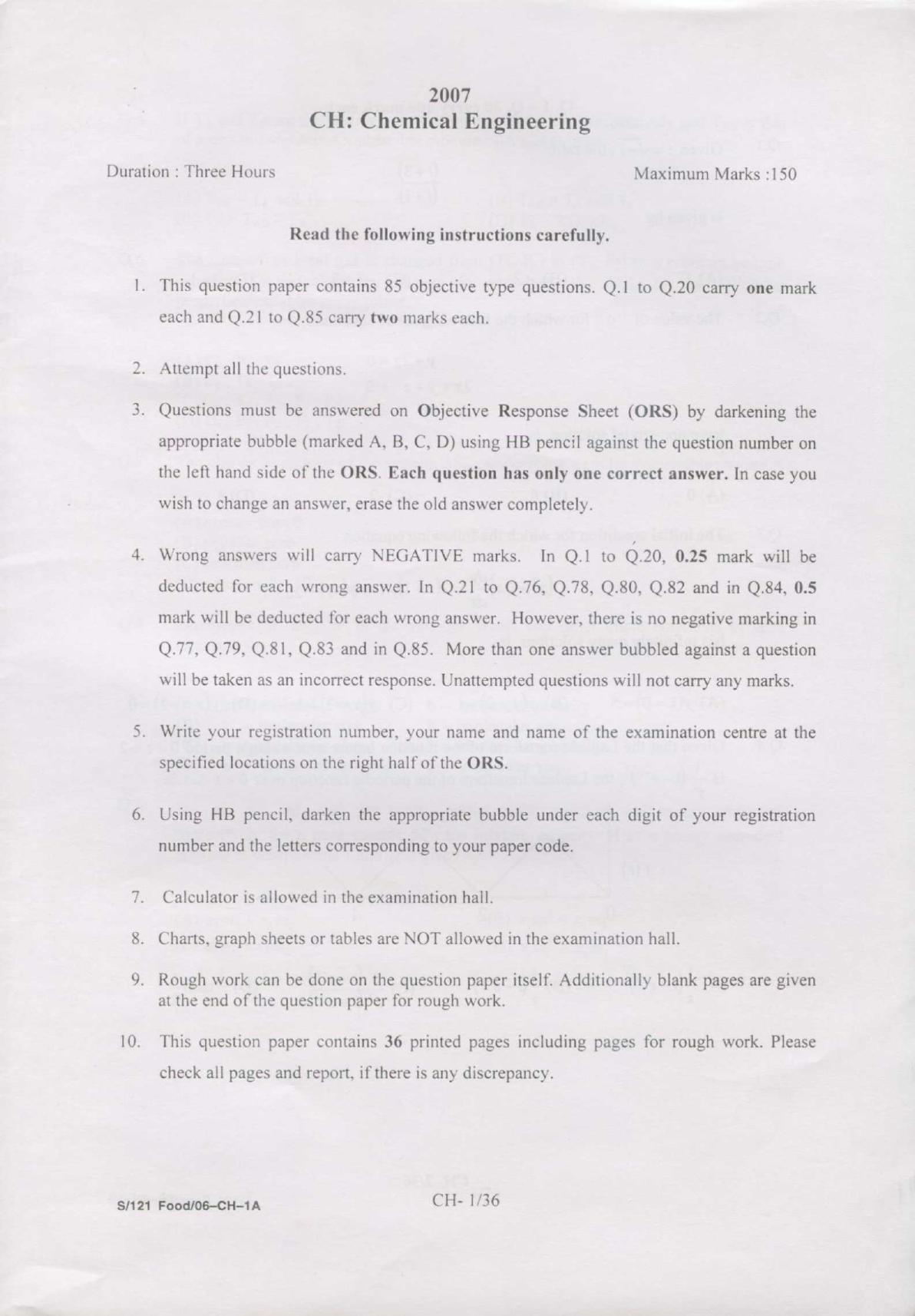 GATE 2007 Chemical Engineering (CH) Question Paper with Answer Key - Page 1