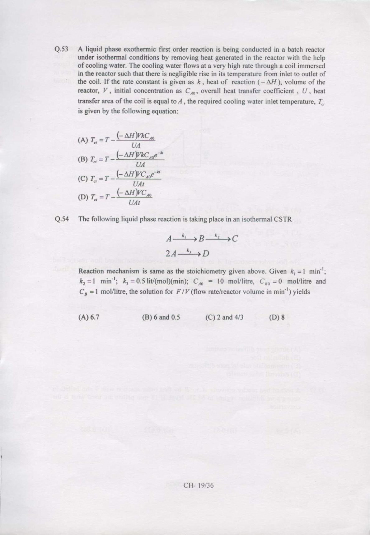 GATE 2007 Chemical Engineering (CH) Question Paper with Answer Key - Page 19