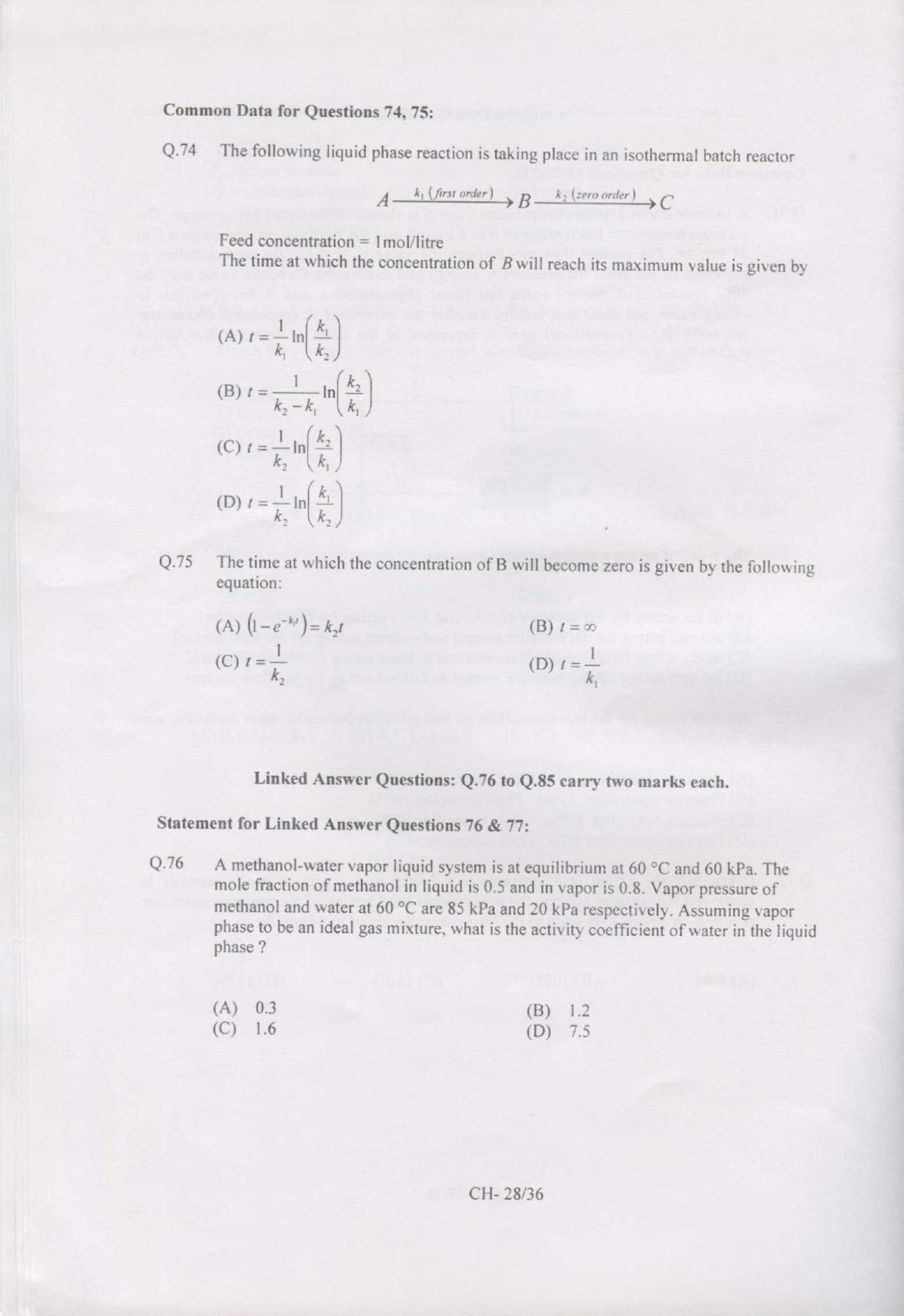 GATE 2007 Chemical Engineering (CH) Question Paper with Answer Key - Page 28