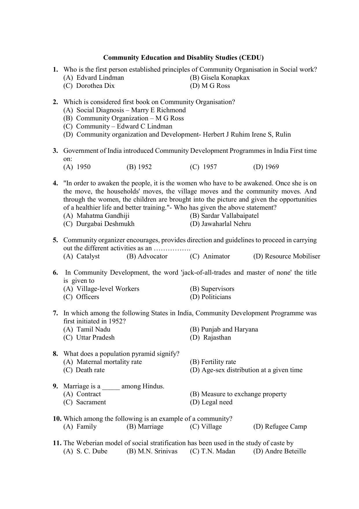 PU MPET Community Education and Disablity Studies 2020 Question Papers - Page 1