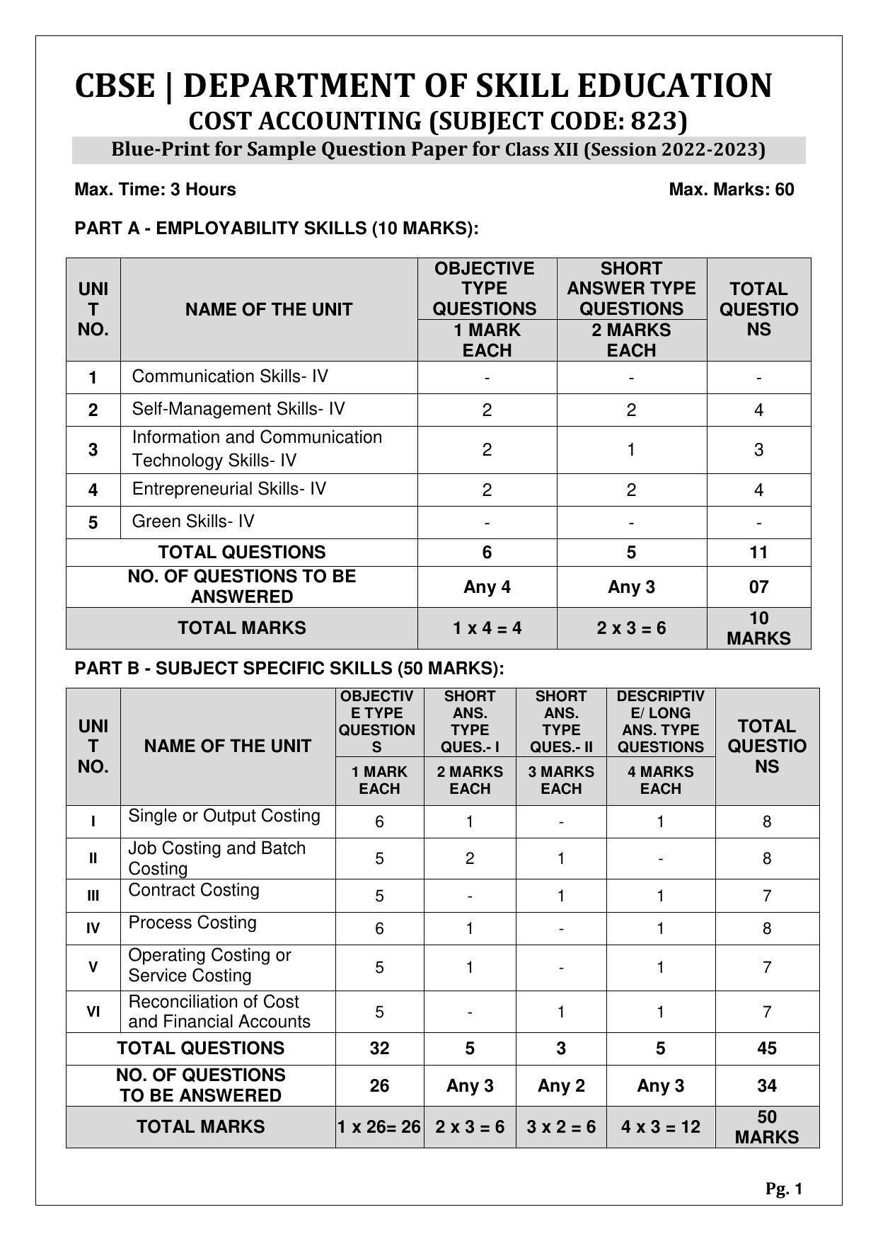 CBSE Class 10 Cost Accounting (Skill Education) Sample Papers 2023 - Page 1