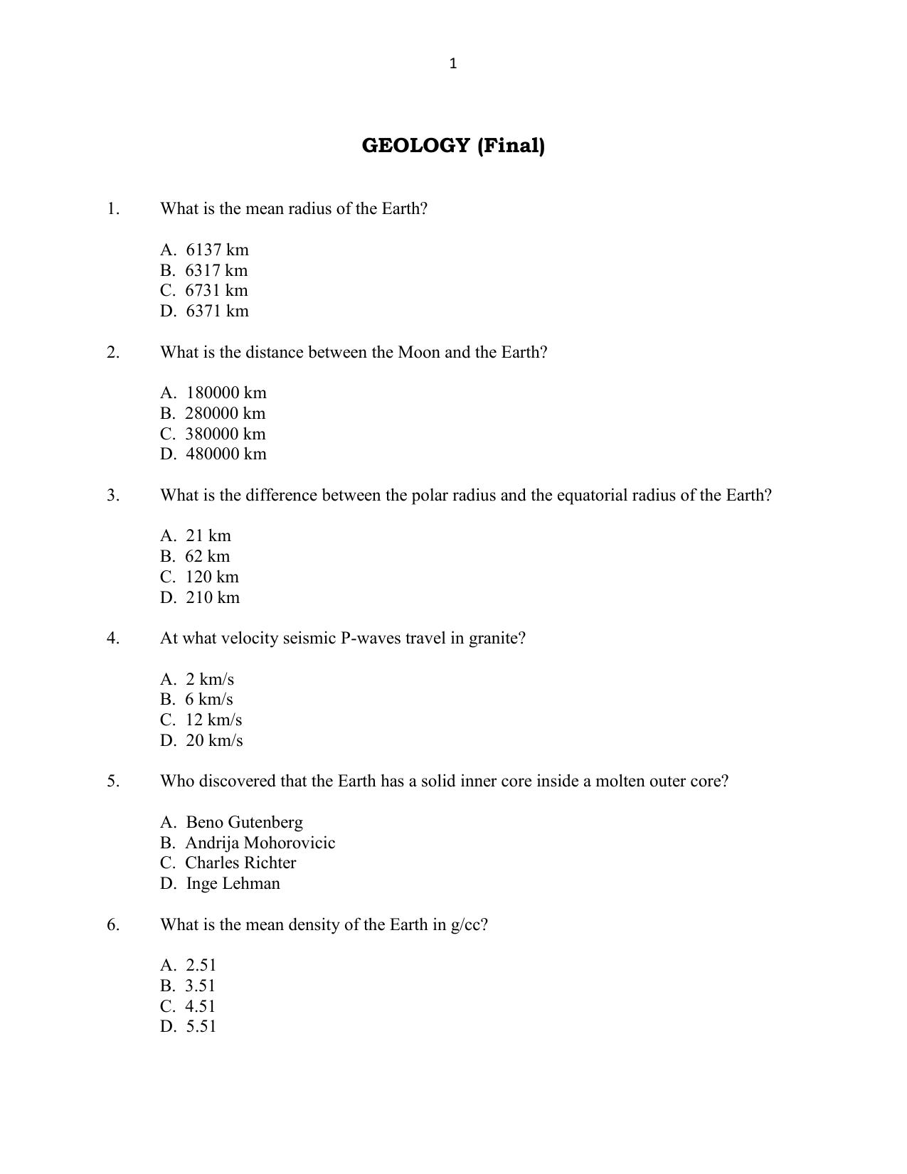 CUSAT CAT 2016 Geology Question Paper - Page 1