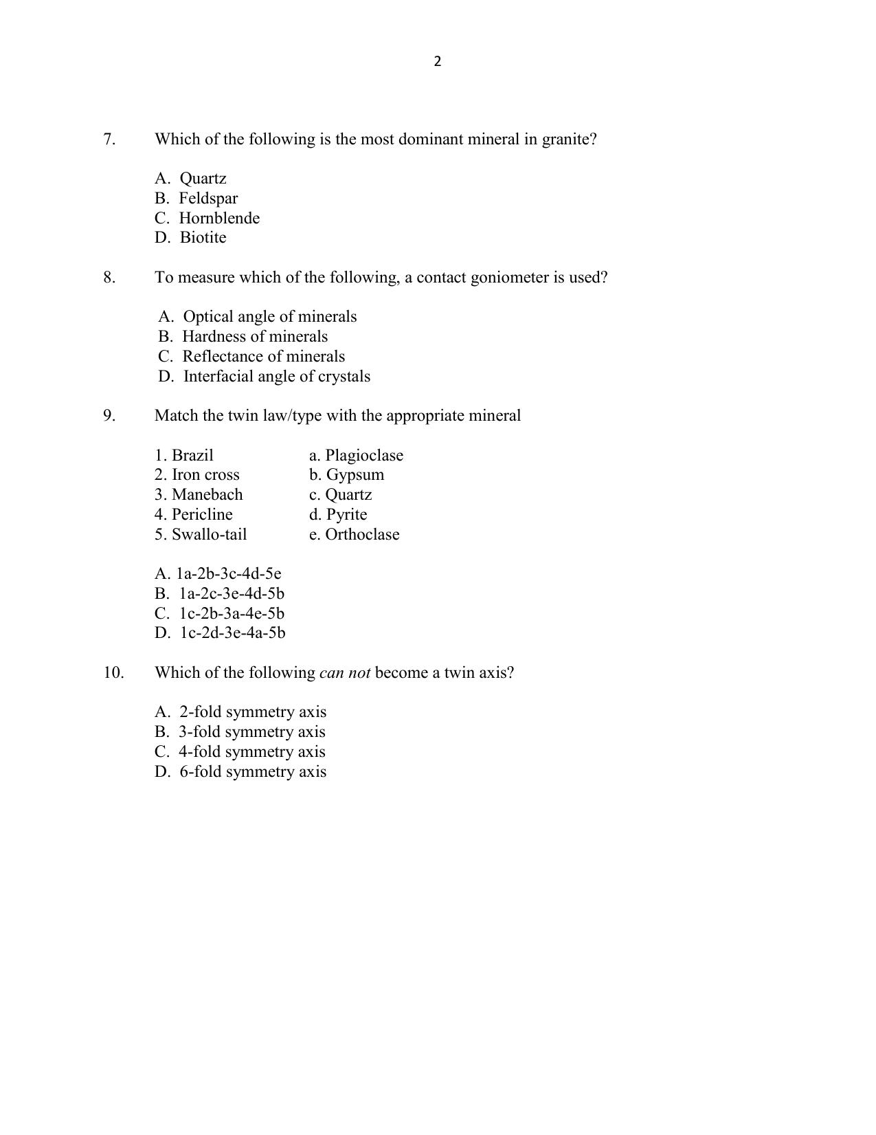 CUSAT CAT 2016 Geology Question Paper - Page 2