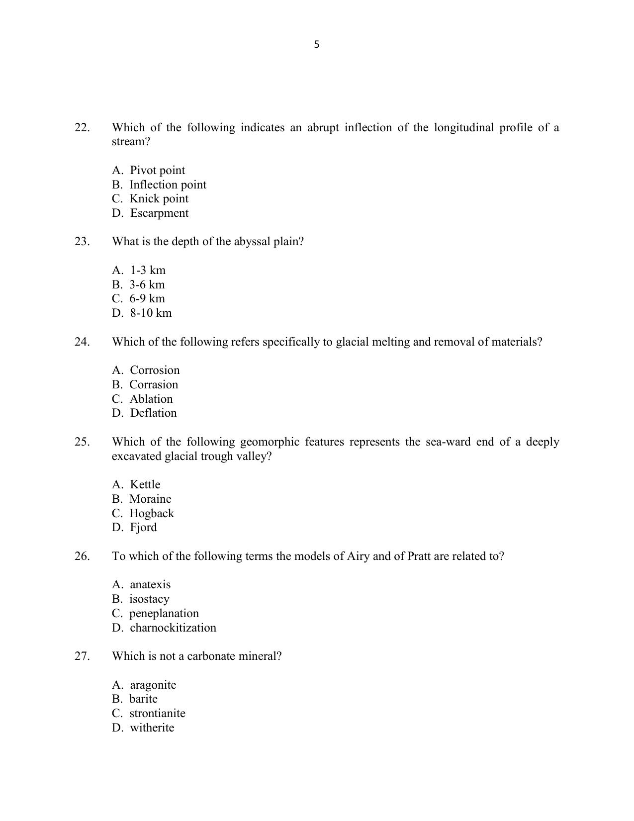 CUSAT CAT 2016 Geology Question Paper - Page 5