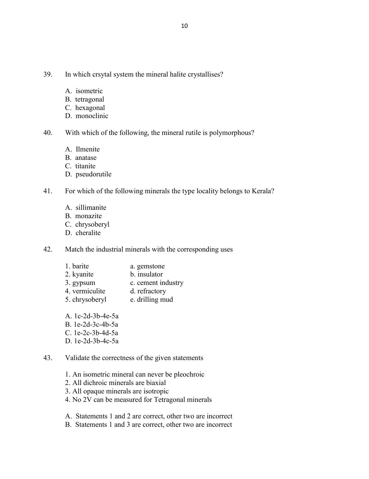CUSAT CAT 2016 Geology Question Paper - Page 10