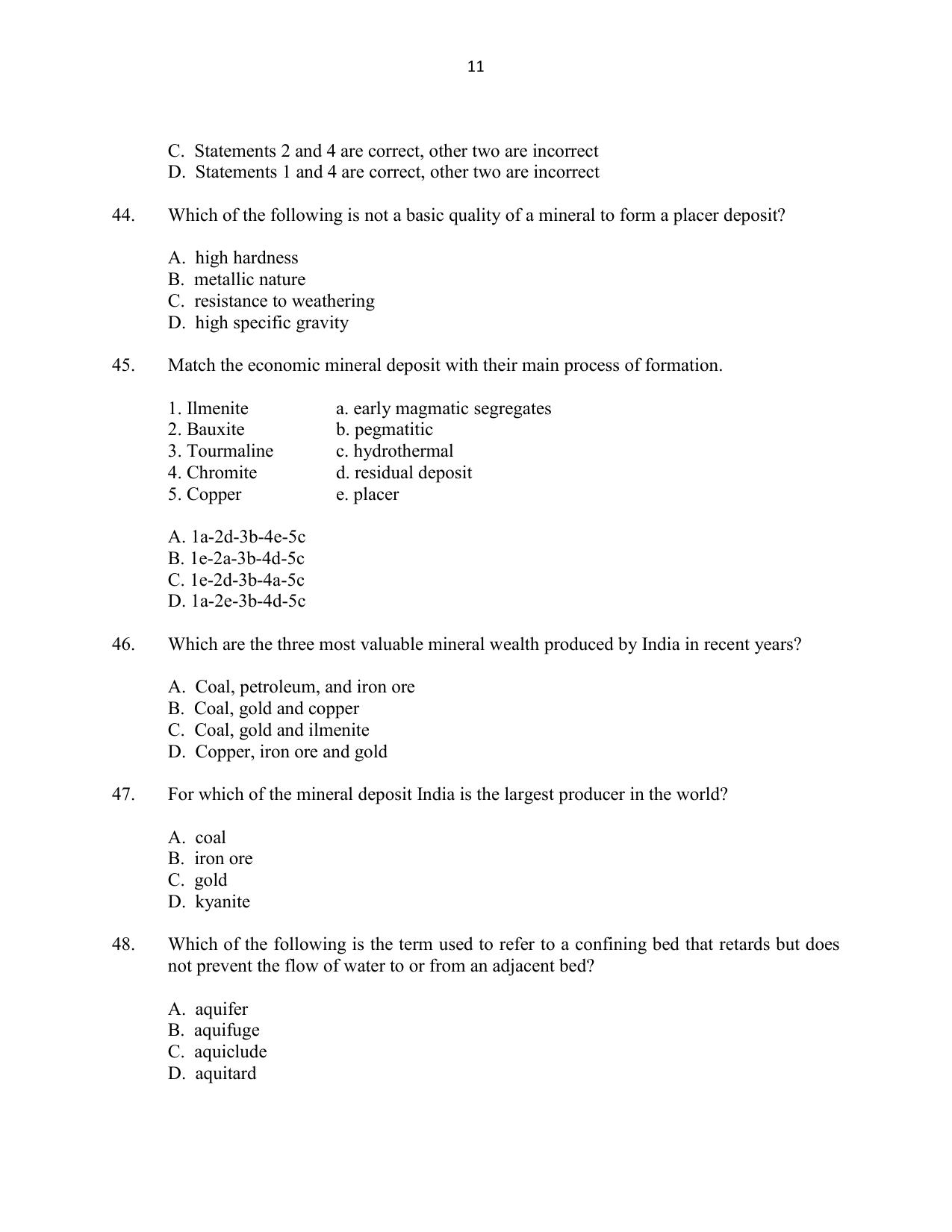 CUSAT CAT 2016 Geology Question Paper - Page 11
