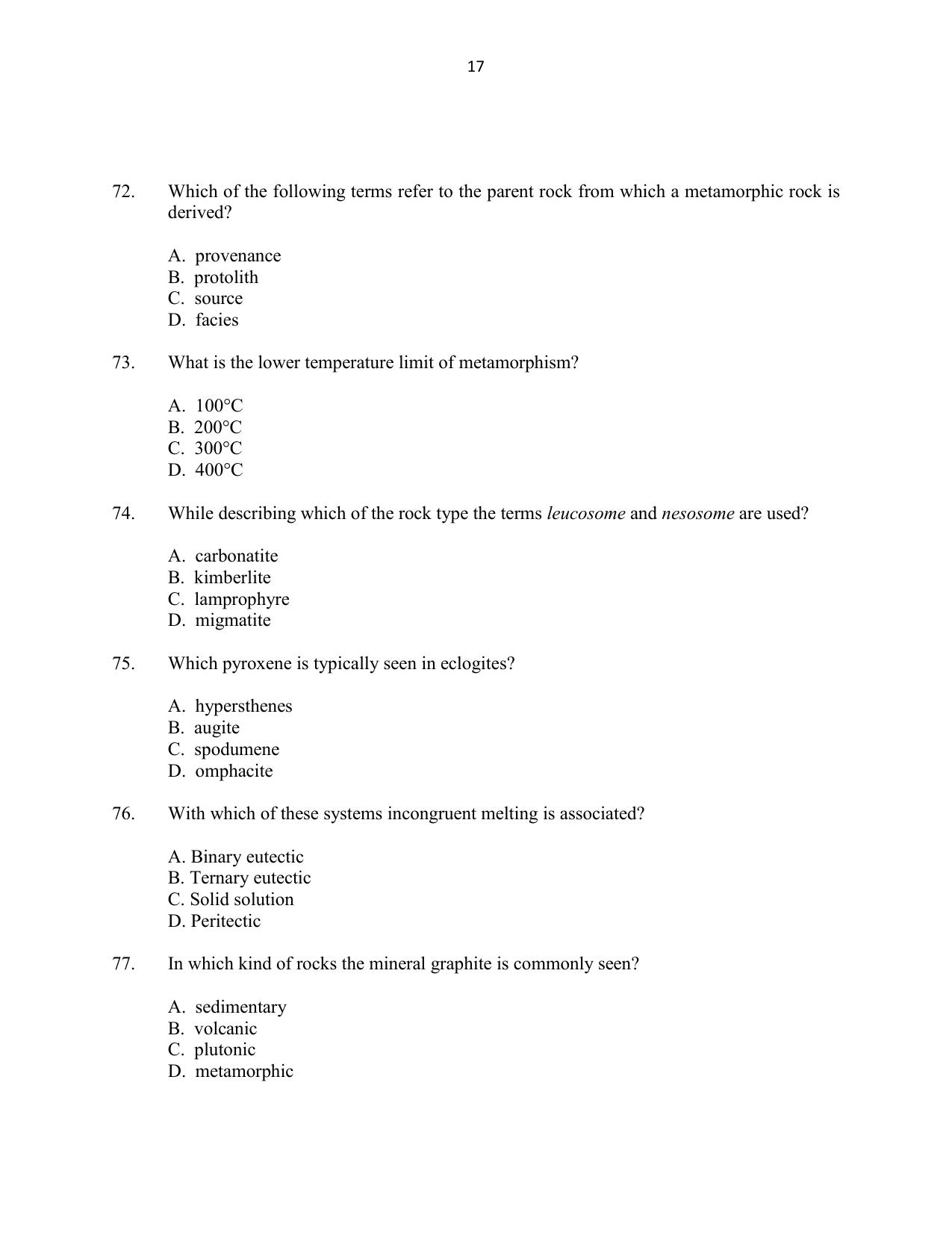 CUSAT CAT 2016 Geology Question Paper - Page 17