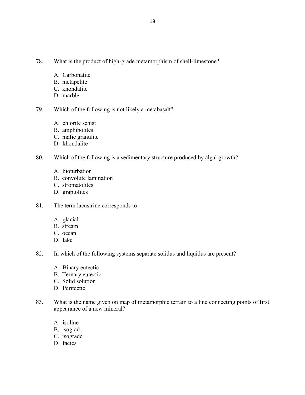 CUSAT CAT 2016 Geology Question Paper - Page 18