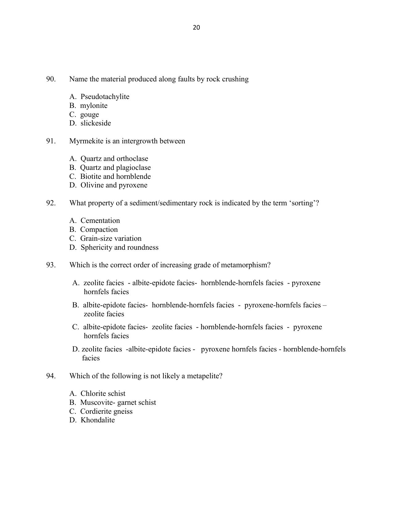 CUSAT CAT 2016 Geology Question Paper - Page 20