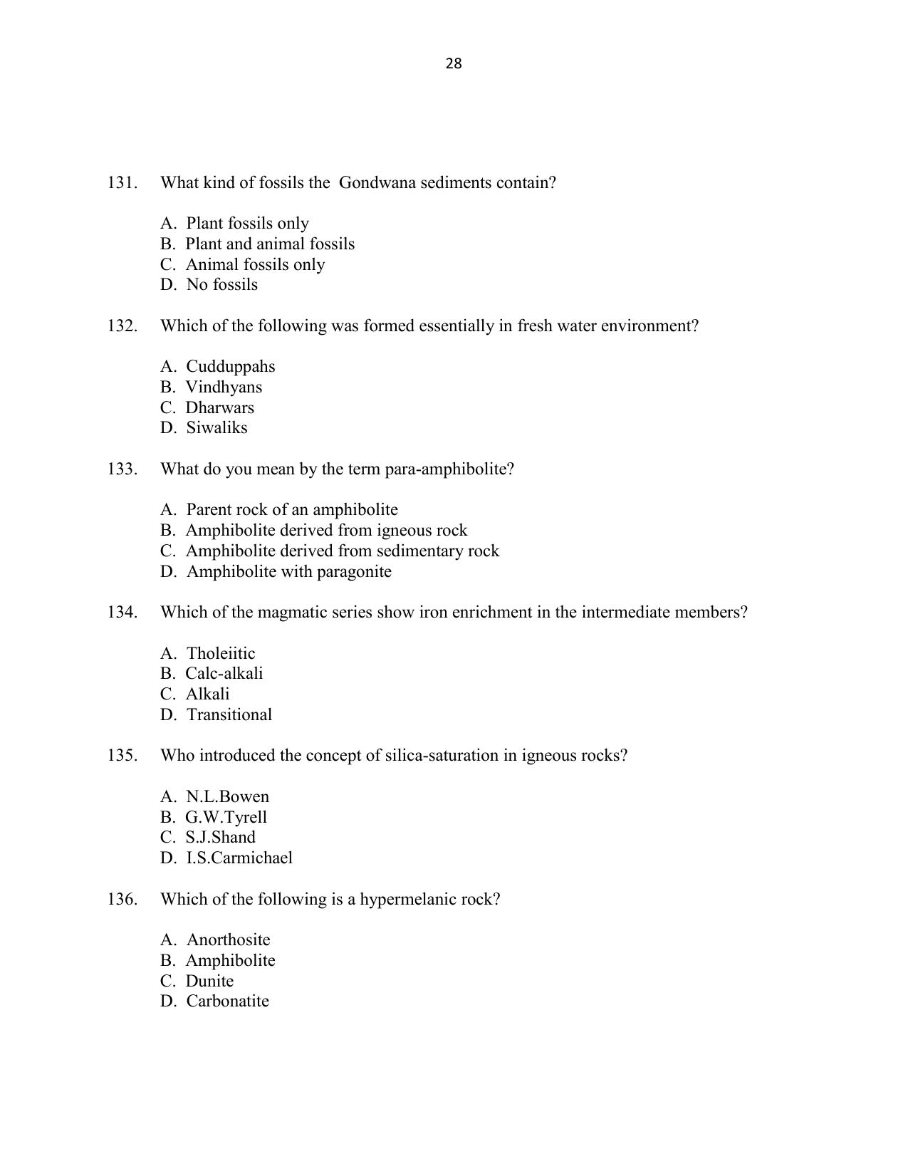 CUSAT CAT 2016 Geology Question Paper - Page 28