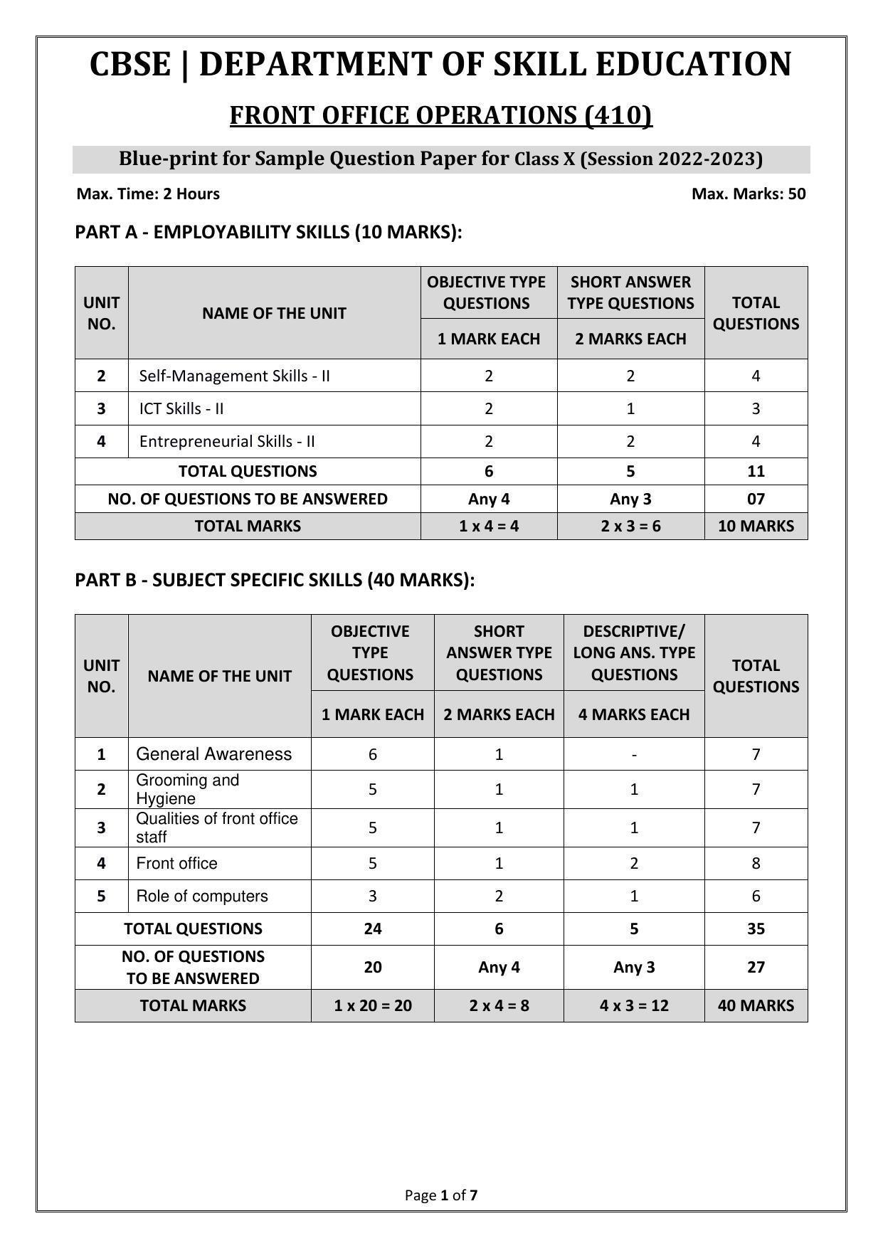 CBSE Class 10 (Skill Education) Front Office Operations Sample Papers 2023 - Page 1