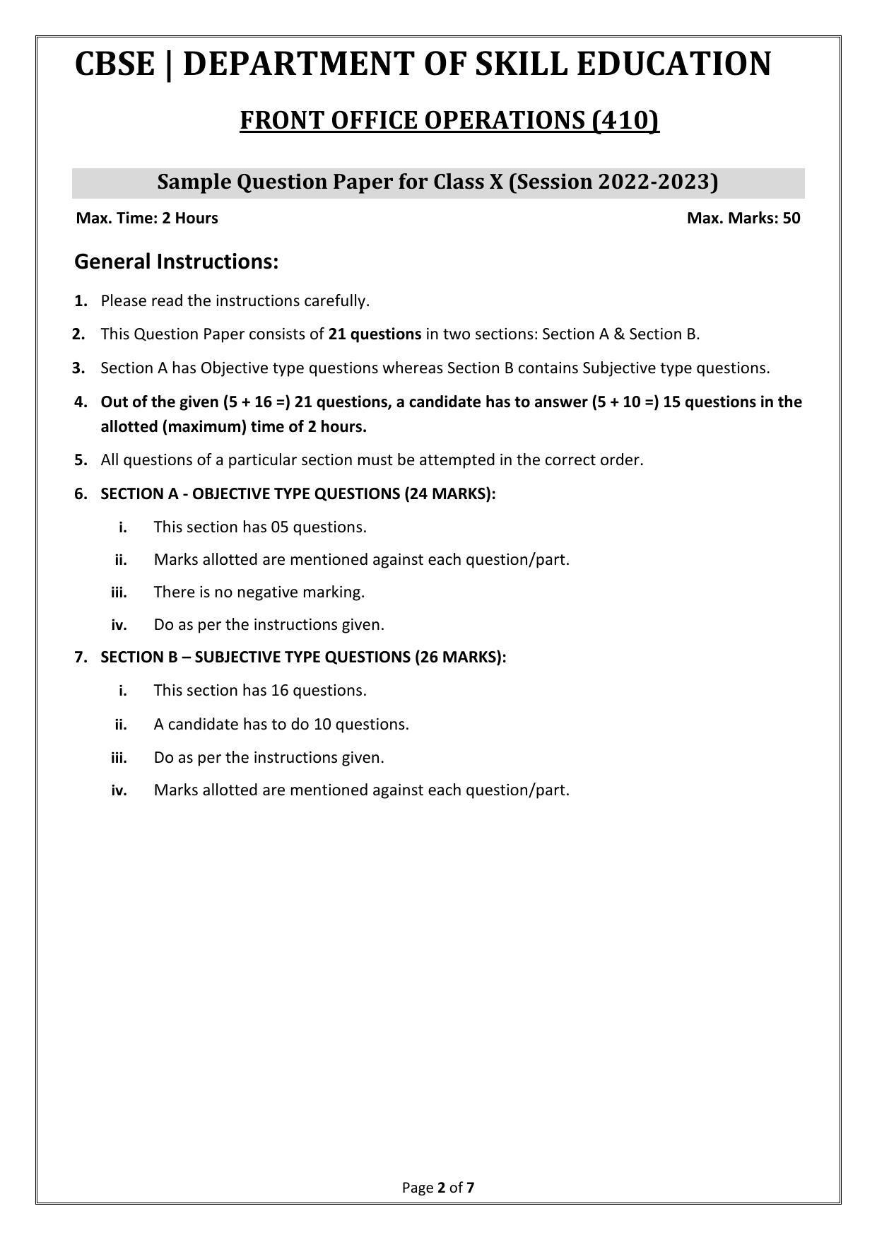CBSE Class 10 (Skill Education) Front Office Operations Sample Papers 2023 - Page 2